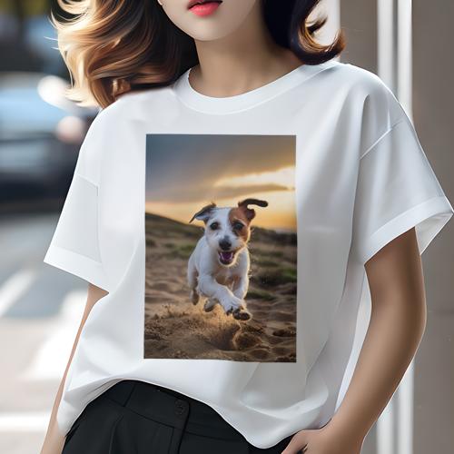 Tシャツ レディース 犬ファン 半袖 春夏 犬柄 プリント カジュアル かわいい 人間用 フィットネス ダンス 砂浜 ジャックラッセルテリア 夕焼け