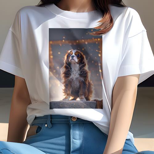 楽天フロントップ楽天市場店Tシャツ レディース 犬ファン 半袖 春夏 犬柄 プリント カジュアル かわいい 人間用 フィットネス ダンス 背景 キャバリア 光 キラキラ