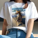 Tシャツ レディース 犬ファン 半袖 春夏 犬柄 プリント カジュアル かわいい 人間用 フィットネス ダンス アロハシャツ 柴犬 ビーチ 海 サングラス(4)