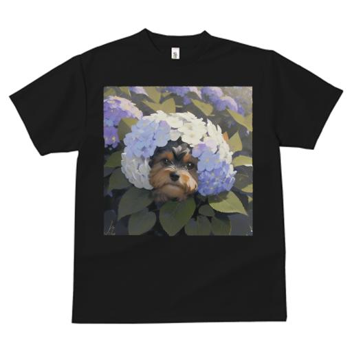 Tシャツ レディース 犬ファン 半袖 春夏 犬柄 プリント カジュアル かわいい 人間用 フィットネス ダンス 花 ヨークシャーテリア アジサイ 植物