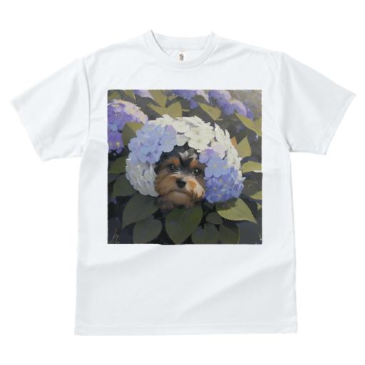 Tシャツ レディース 犬ファン 半袖 春夏 犬柄 プリント カジュアル かわいい 人間用 フィットネス ダンス 花 ヨークシャーテリア アジサイ 植物