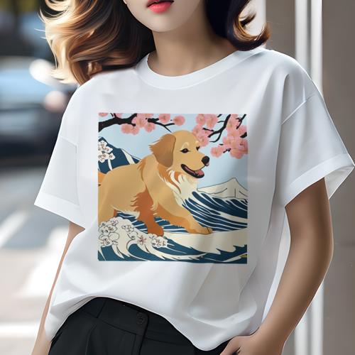 Tシャツ レディース 犬ファン 半袖 春夏 犬柄 プリント カジュアル かわいい 人間用 フィットネス ダンス 波 ゴールデンレトリバー 桜