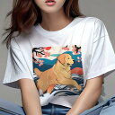Tシャツ レディース 犬ファン 半袖 春夏 犬柄 プリント カジュアル かわいい 人間用 フィットネス ダンス 波 ゴールデンレトリバー 花 山 太陽(4)
