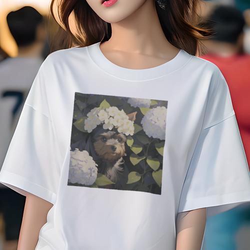 Tシャツ レディース 犬ファン 半袖 春夏 犬柄 プリント カジュアル かわいい 人間用 フィットネス ダンス 花 ヨークシャーテリア 葉
