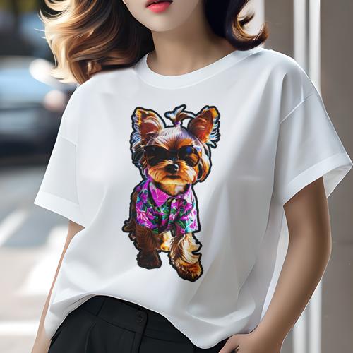 Tシャツ レディース 犬ファン 半袖 春夏 犬柄 プリント カジュアル かわいい 人間用 フィットネス ダンス サングラス ヨークシャーテリア アロハシャツ 花柄
