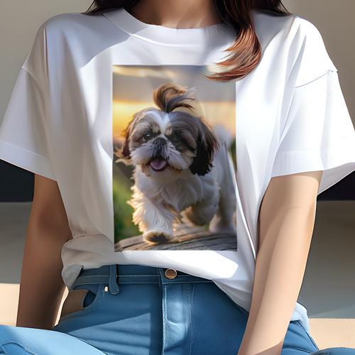 Tシャツ レディース 犬ファン 半袖 春夏 犬柄 プリント カジュアル かわいい 人間用 フィットネス ダンス 夕焼け シーズー 空 草