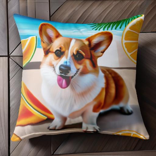オレンジ コーギー ビーチ 夏 トロピカル クッションカバー 45×45cm アニマル柄 おしゃれ 可愛い クッション本体付き 正方形 犬ファン