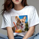 Tシャツ レディース 犬ファン 半袖 春夏 犬柄 プリント カジュアル かわいい 人間用 フィットネス ダンス ジュース コーギー ストロー 海(4)