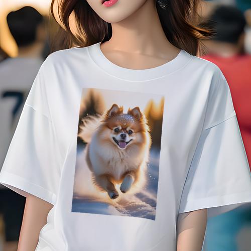 Tシャツ レディース 犬ファン 半袖 春夏 犬柄 プリント カジュアル かわいい 人間用 フィットネス ダンス 雪 ポメラニアン 冬 太陽 光