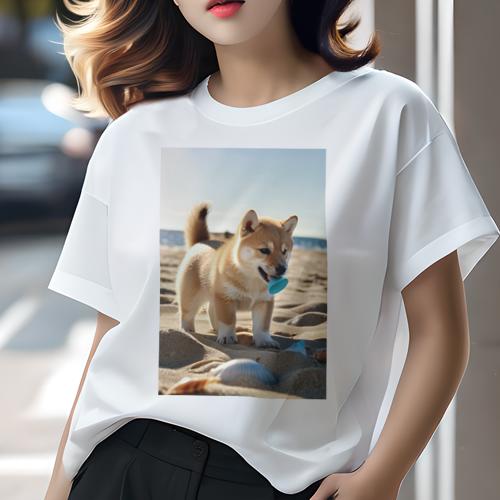 Tシャツ レディース 犬ファン 半袖 春夏 犬柄 プリント カジュアル かわいい 人間用 フィットネス ダンス ビーチ 柴犬 海 砂浜 貝殻