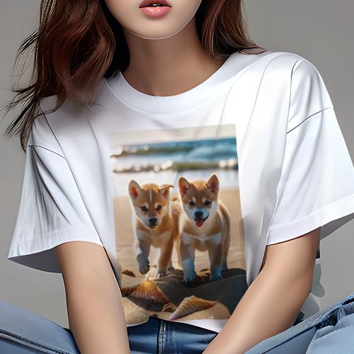 Tシャツ レディース 犬ファン 半袖 春夏 犬柄 プリント カジュアル かわいい 人間用 フィットネス ダンス ビーチ 柴犬 海 砂浜 貝殻(4)