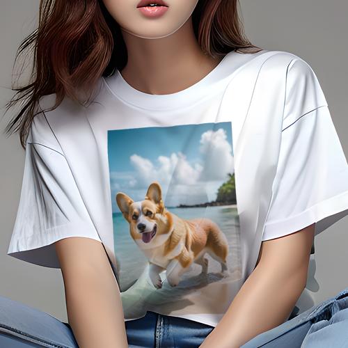 Tシャツ レディース 犬ファン 半袖 春夏 犬柄 プリント カジュアル かわいい 人間用 フィットネス ダンス ビーチ コーギー 海 波 砂浜 Tシャツ レディース 犬ファン 半袖 春夏 犬柄 プリント カジュアル かわいい 人間用 フィットネス ダンス ビーチ コーギー 海 波 砂浜