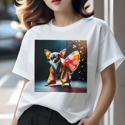 楽天フロントップ楽天市場店Tシャツ レディース 犬ファン 半袖 春夏 犬柄 プリント カジュアル かわいい 人間用 フィットネス ダンス 着物 チワワ 蝶の羽 キラキラ