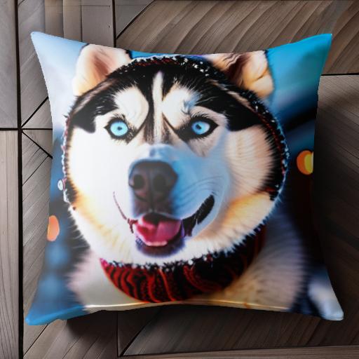 冬 シベリアンハスキー 雪 ニット帽 マフラー クッションカバー 45×45cm アニマル柄 おしゃれ 可愛い クッション本体付き 正方形 犬ファン