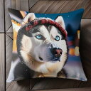 冬 シベリアンハスキー 雪 帽子 クリスマス クッションカバー 45×45cm アニマル柄 おしゃれ 可愛い クッション本体付き 正方形 犬ファン