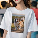 Tシャツ レディース 犬ファン 半袖 春夏 犬柄 プリント カジュアル かわいい 人間用 フィットネス ダンス 犬 コーギー 動物 ペット 可愛い(4)