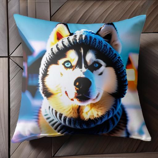 ニット帽 シベリアンハスキー 雪 クッションカバー 45×45cm アニマル柄 おしゃれ 可愛い クッション本..