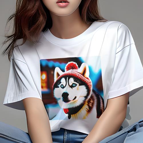 Tシャツ レディース 犬ファン 半袖 春夏 犬柄 プリント カジュアル かわいい 人間用 フィットネス ダンス 帽子 シベリアンハスキー 冬 雪