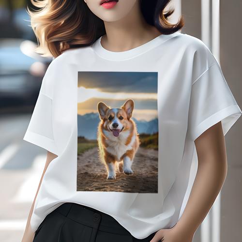 Tシャツ レディース 犬ファン 半袖 春夏 犬柄 プリント カジュアル かわいい 人間用 フィットネス ダンス 夕焼け コーギー 山
