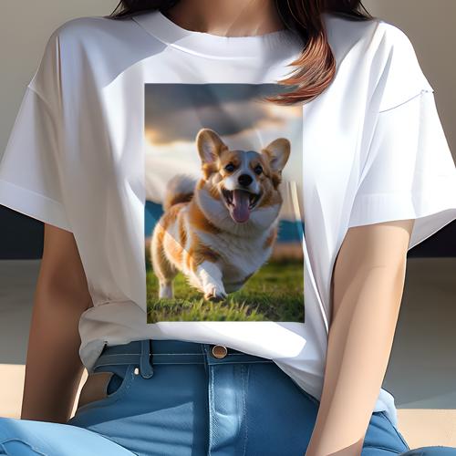 Tシャツ レディース 犬ファン 半袖 春夏 犬柄 プリント カジュアル かわいい 人間用 フィットネス ダンス 夕焼け コーギー 草原 Tシャツ レディース 犬ファン 半袖 春夏 犬柄 プリント カジュアル かわいい 人間用 フィットネス ダンス 夕焼け コーギー 草原