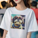 Tシャツ レディース 犬ファン 半袖 春夏 犬柄 プリント カジュアル かわいい 人間用 フィットネス ダンス サングラス シーズー Tシャツ カラフル ストライプ