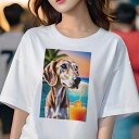 Tシャツ レディース 犬ファン 半袖 春夏 犬柄 プリント カジュアル かわいい 人間用 フィットネス ダンス ジュース サルーキ カクテル 海 リゾート