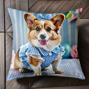 犬服 コーギー ギンガムチェック リボン バースデー クッションカバー 45×45cm アニマル柄 おしゃれ 可愛い クッション本体付き 正方形 犬ファン
