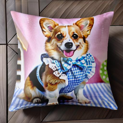 蝶ネクタイ コーギー チェック柄 ドールハウス クッションカバー 45×45cm アニマル柄 おしゃれ 可愛い クッション本体付き 正方形 犬ファン