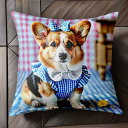 ギンガムチェック コーギー リボン ワンピース 花 クッションカバー 45×45cm アニマル柄 おしゃれ 可愛い クッション本体付き 正方形 犬ファン
