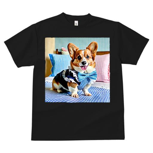 Tシャツ レディース 犬ファン 半袖 春夏 犬柄 プリント カジュアル かわいい 人間用 フィットネス ダンス 蝶ネクタイ コーギー チェック柄 ベッド