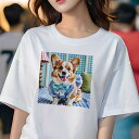 Tシャツ レディース 犬ファン 半袖 春夏 犬柄 プリント カジュアル かわいい 人間用 フィットネス ダンス ギンガムチェック コーギー リボン フリル(4)