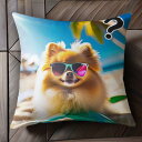 サングラス ポメラニアン ビーチ 夏 休暇 クッションカバー 45×45cm アニマル柄 おしゃれ 可愛い クッション本体付き 正方形 犬ファン