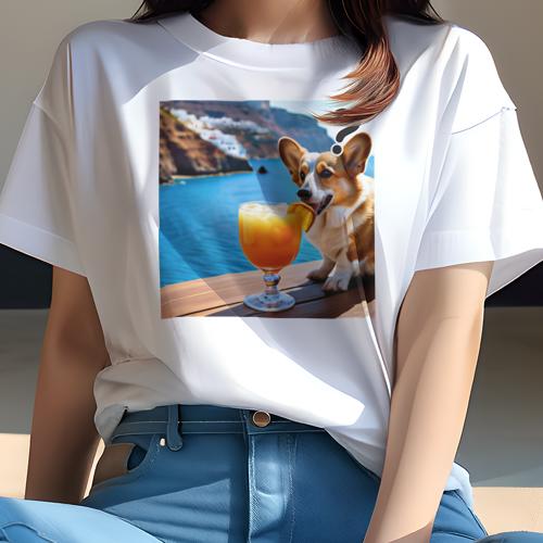 Tシャツ レディース 犬ファン 半袖 春夏 犬柄 プリント カジュアル かわいい 人間用 フィットネス ダンス カクテル コーギー 海 リゾート
