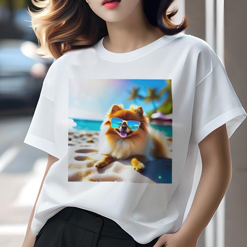 Tシャツ レディース 犬ファン 半袖 春夏 犬柄 プリント カジュアル かわいい 人間用 フィットネス ダンス サングラス ポメラニアン ビーチ 海 夏