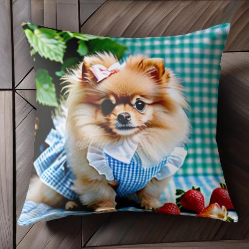 イチゴ ポメラニアン ギンガムチェック リボン ワンピース クッションカバー 45×45cm アニマル柄 おし..