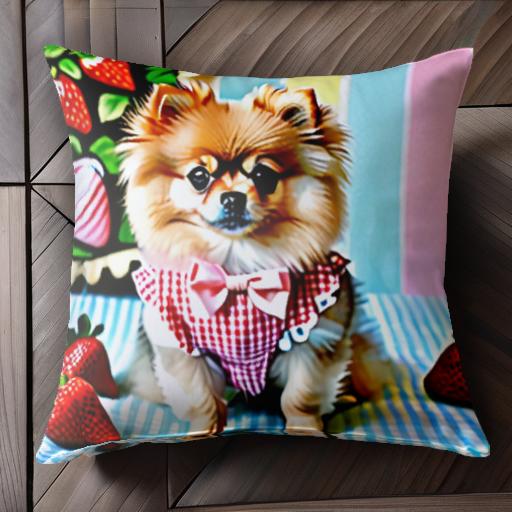 イチゴ ポメラニアン チェック柄 リボン クッションカバー 45×45cm アニマル柄 おしゃれ 可愛い クッション本体付き 正方形 犬ファン