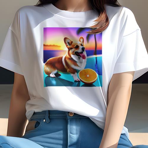 Tシャツ レディース 犬ファン 半袖 春夏 犬柄 プリント カジュアル かわいい 人間用 フィットネス ダンス 夕焼け コーギー 海 ヤシの木 オレンジ