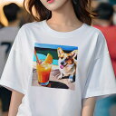 Tシャツ レディース 犬ファン 半袖 春夏 犬柄 プリント カジュアル かわいい 人間用 フィットネス ダンス 飲み物 コーギー カクテル ビーチ