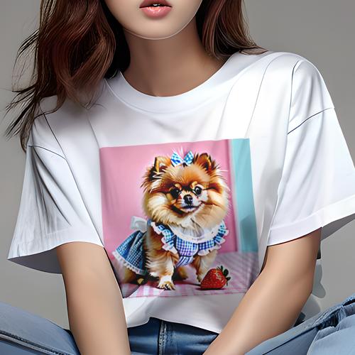Tシャツ レディース 犬ファン 半袖 春夏 犬柄 プリント カジュアル かわいい 人間用 フィットネス ダンス いちご ポメラニアン ワンピース リボン