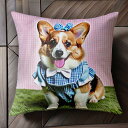 ギンガムチェック コーギー リボン ワンピース 緑の芝生 クッションカバー 45×45cm アニマル柄 おしゃれ 可愛い クッション本体付き 正方形 犬ファン