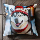 帽子 シベリアンハスキー 冬 雪 クリスマス クッションカバー 45×45cm アニマル柄 おしゃれ 可愛い クッション本体付き 正方形 犬ファン