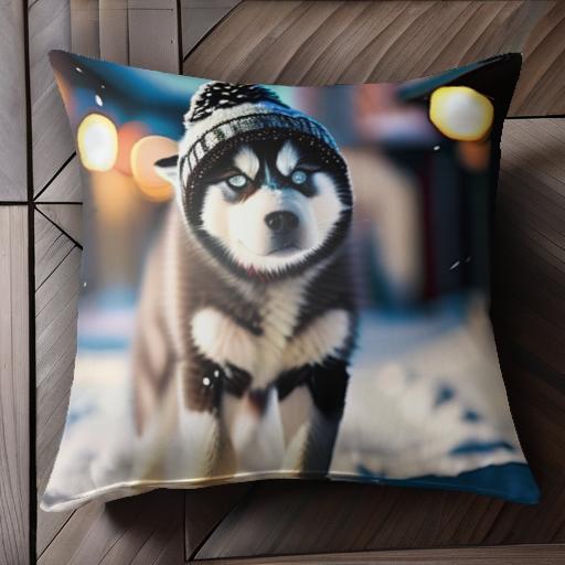 ニット帽 シベリアンハスキー 雪 クッションカバー 45×45cm アニマル柄 おしゃれ 可愛い クッション本..