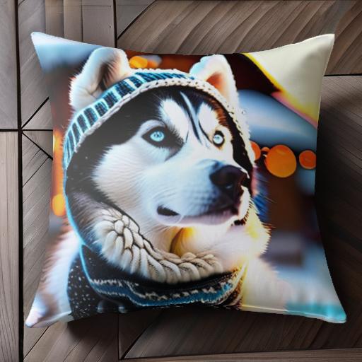 ニット帽 シベリアンハスキー マフラー 冬 雪 クッションカバー 45×45cm アニマル柄 おしゃれ 可愛い クッション本体付き 正方形 犬ファン
