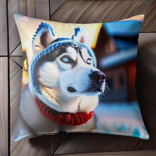 冬 シベリアンハスキー 雪 帽子 マフラー クッションカバー 45×45cm アニマル柄 おしゃれ 可愛い クッション本体付き 正方形 犬ファン