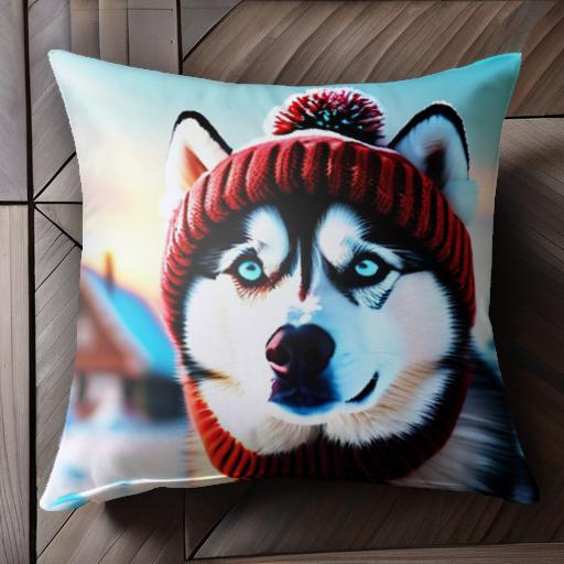 ニット帽 シベリアンハスキー 冬 雪 クッションカバー 45×45cm アニマル柄 おしゃれ 可愛い クッション..