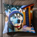 帽子 シベリアンハスキー 雪 冬 クリスマス クッションカバー 45×45cm アニマル柄 おしゃれ 可愛い クッション本体付き 正方形 犬ファン