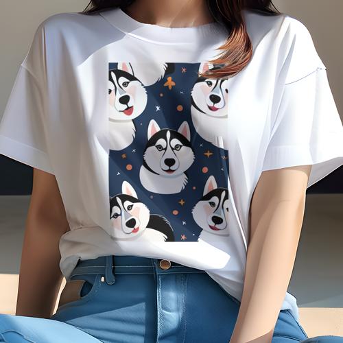Tシャツ レディース 犬ファン 半袖 春夏 犬柄 プリント カジュアル かわいい 人間用 フィットネス ダンス 星 シベリアンハスキー 円