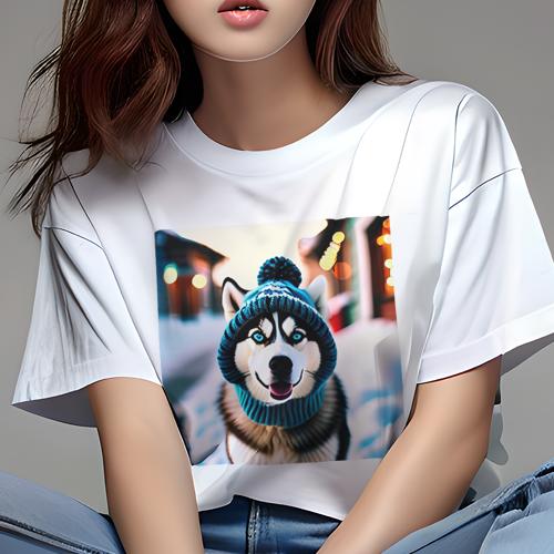 Tシャツ レディース 犬ファン 半袖 春夏 犬柄 プリント カジュアル かわいい 人間用 フィットネス ダンス 帽子 シベリアンハスキー スカーフ 冬 雪