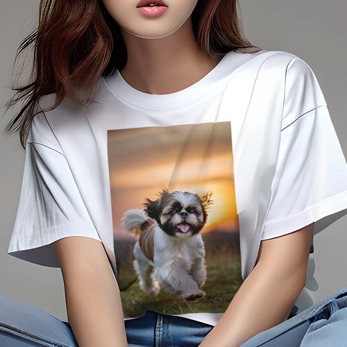 Tシャツ レディース 犬ファン 半袖 春夏 犬柄 プリント カジュアル かわいい 人間用 個性派 ここだけのデザイン 面白 夕焼け シーズー 草原