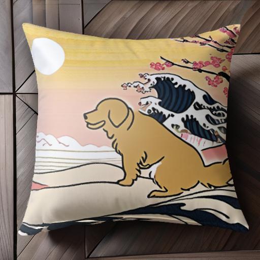 波 ゴールデンレトリバー 月 桜 クッションカバー 45×45cm アニマル柄 おしゃれ 可愛い クッション本体..